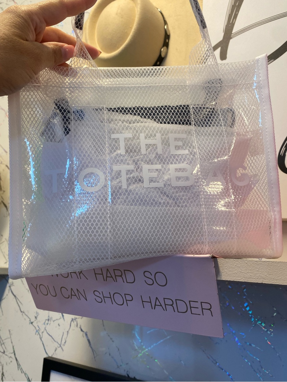 The Totebag Clear Mesh Tote in White and Pink